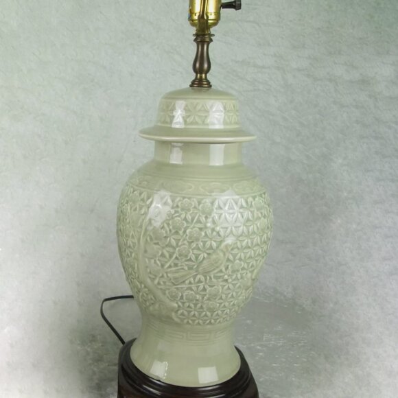 Wildwood Home Celadon Glazed Ginger Jar Lamp Base w/ Floral Fauna Engraving - Picture 12 of 12